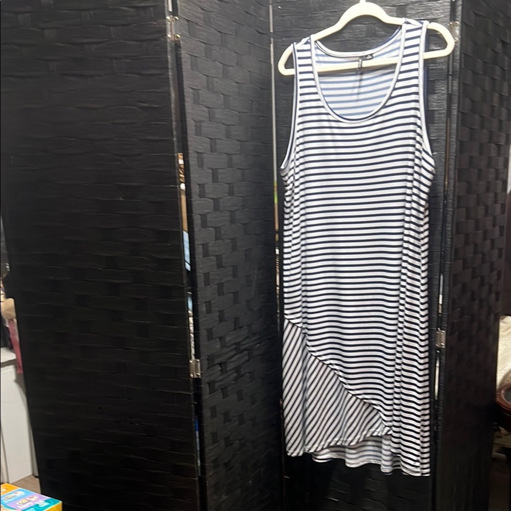 New Directions White and Blue Asymmetrical Sleeveless Sundress